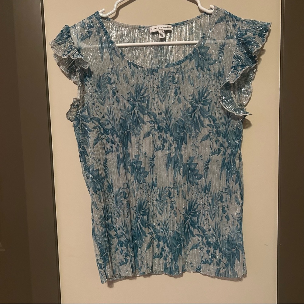 Maison d’Amelie Blue Floral Ruffle Sleeve Sheer Silver Metallic Detail Medium